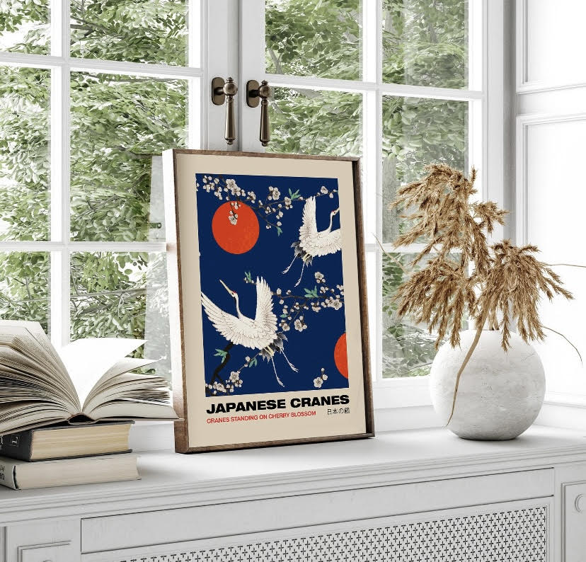 Japanese Crane Bird Print Set in Red and Blue