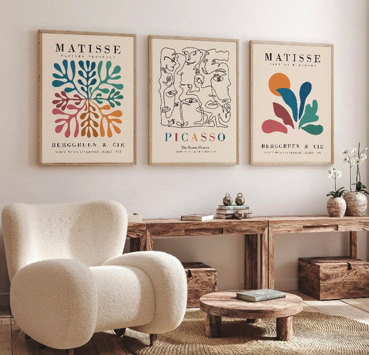 Vibrant Abstract Wall Art Set: Three Pieces Inspired by Henri Matisse and Picasso