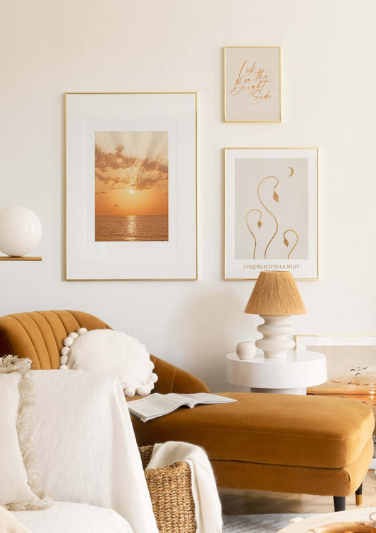Watercolor orange sunset poster for nursery and home wall decor.
