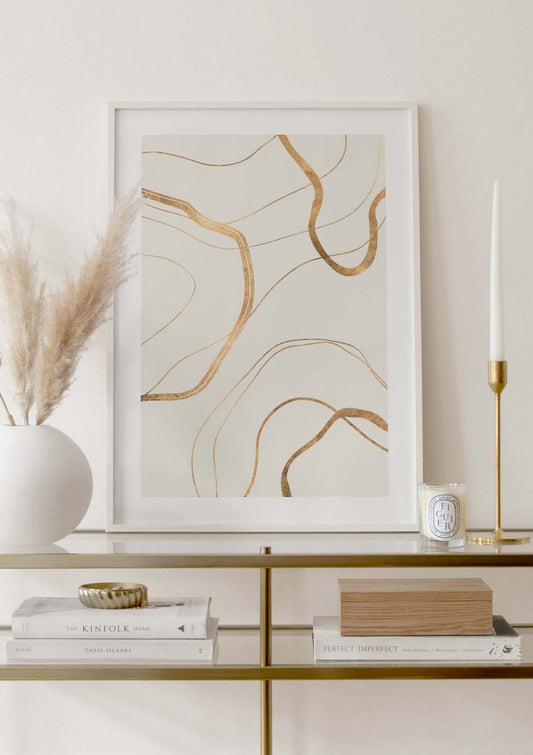 Watercolor golden abstract lines poster for nursery and home wall decor.