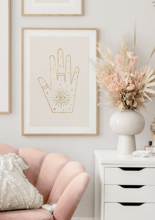 Watercolor golden hand poster for nursery and home wall decor.