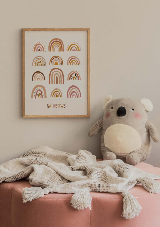 Watercolor playful rainbows poster for nursery and home wall decor.