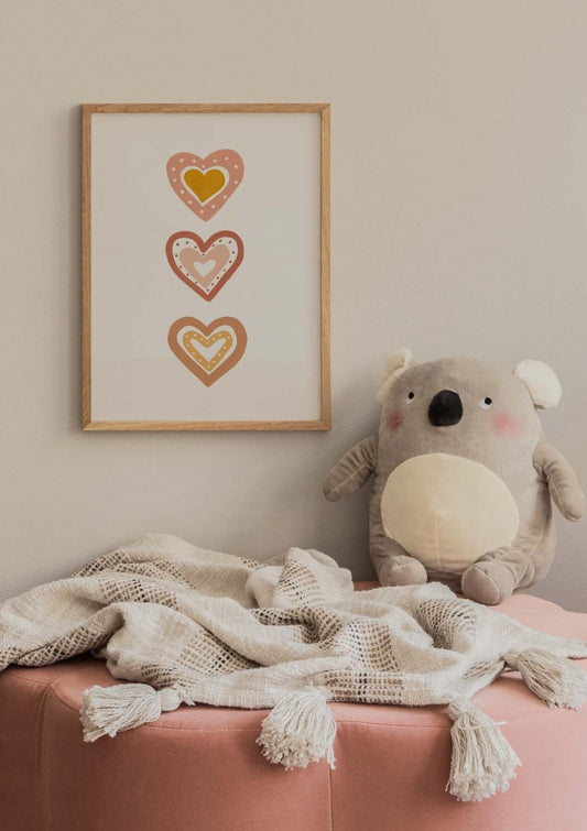Watercolor hearts poster for nursery and home wall decor.
