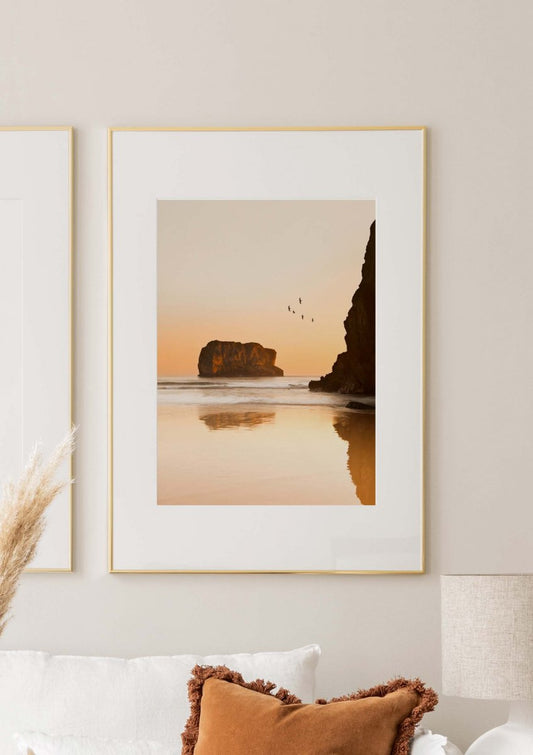Watercolor coast at dawn poster for nursery and home wall decor.