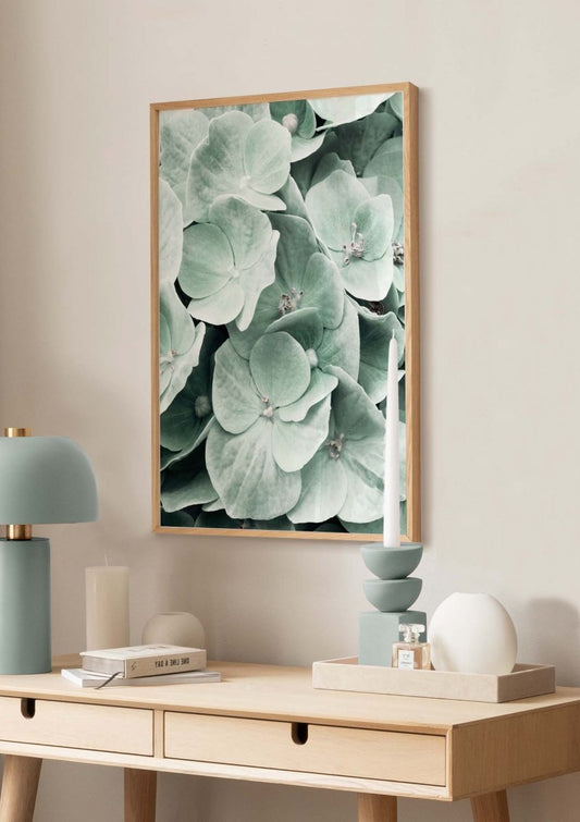 Watercolor hydrangea flower poster for nursery and home wall decor.