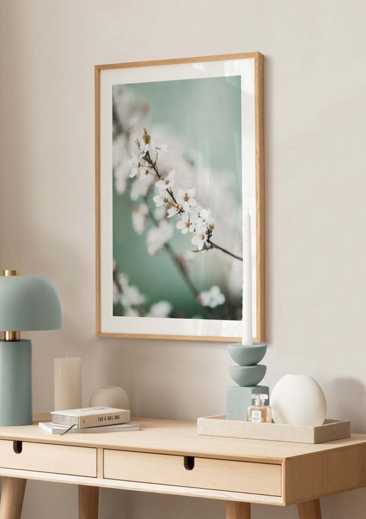 Watercolor spring cherry blossom poster for nursery and home wall decor.
