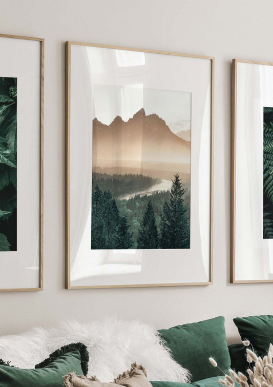 Watercolor pine tree valley poster for nursery and home wall decor.