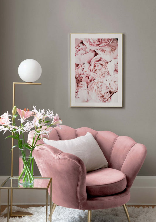 Watercolor light pink peonies poster for nursery and home wall decor.