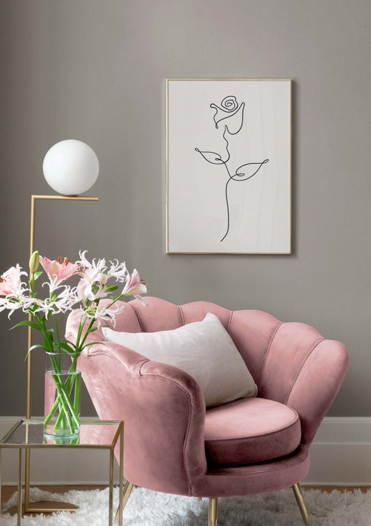 Watercolor rose line art poster for nursery and home wall decor.