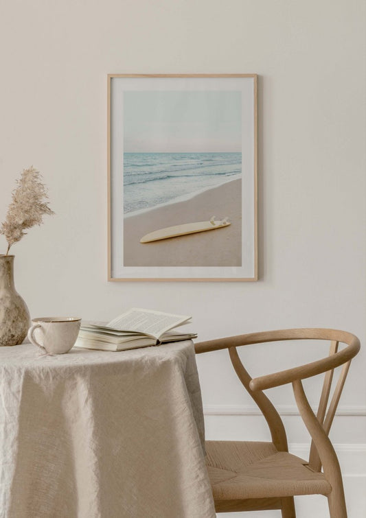 Watercolor beach surf poster for nursery and home wall decor.