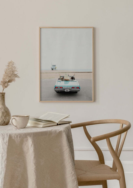 Watercolor beach drive poster for nursery and home wall decor.