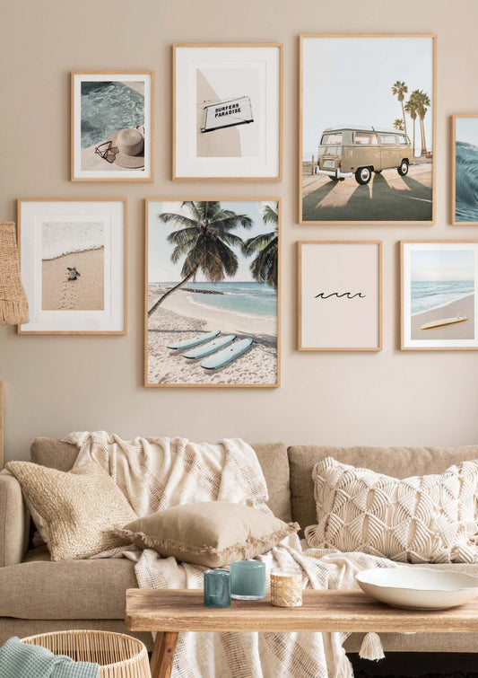 Watercolor blue surfboards poster for nursery and home wall decor.