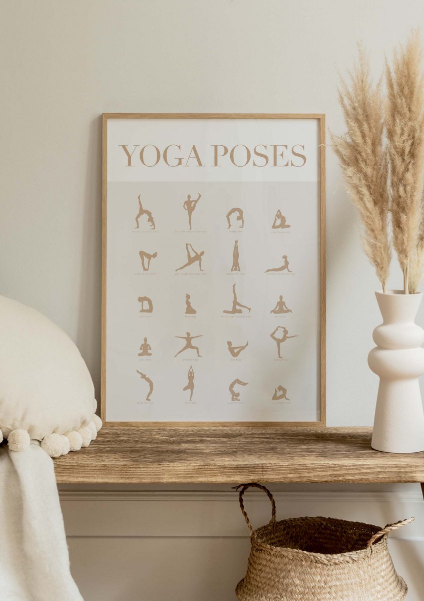 Watercolor yoga poses poster for nursery and home wall decor.