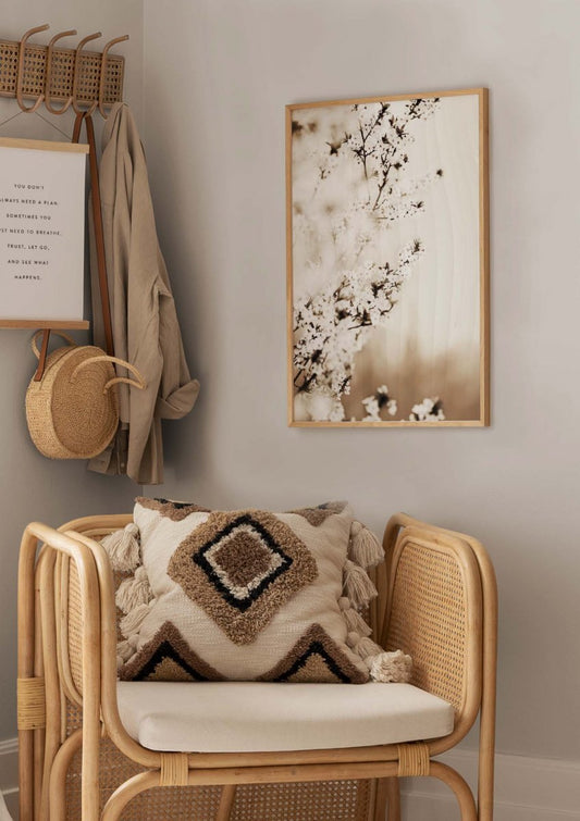 Watercolor white cherry blossom poster for nursery and home wall decor.