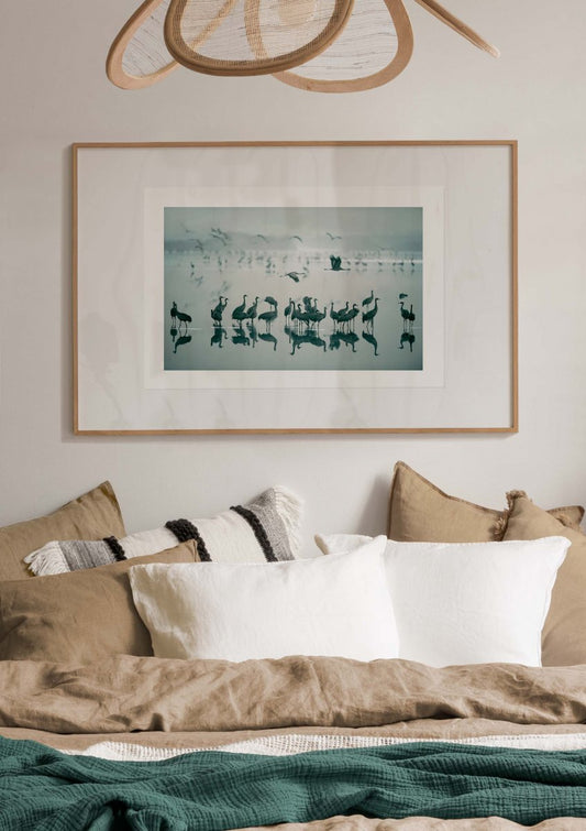 Watercolor cranes on morning lake poster for nursery and home wall decor.