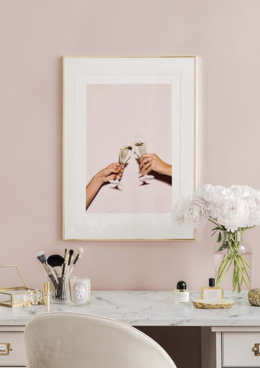 Watercolor champagne toast poster for nursery and home wall decor.