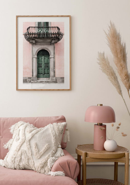 Watercolor vintage green door poster for nursery and home wall decor.