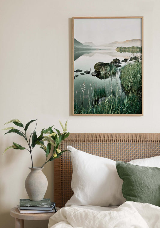 Watercolor misty river poster for nursery and home wall decor.