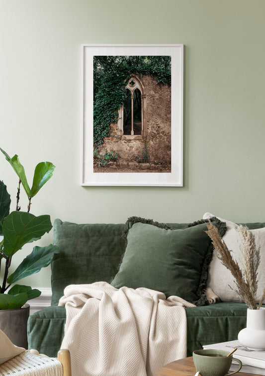 Watercolor window in the forest poster for nursery and home wall decor.