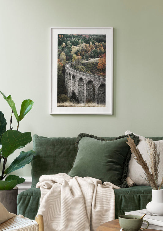 Watercolor stone viaduct poster for nursery and home wall decor.
