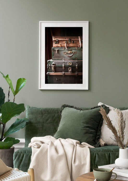 Watercolor suitcases poster for nursery and home wall decor.
