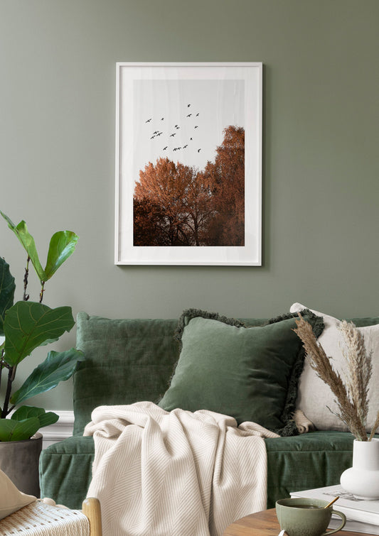 Watercolor birds over the forest poster for nursery and home wall decor.