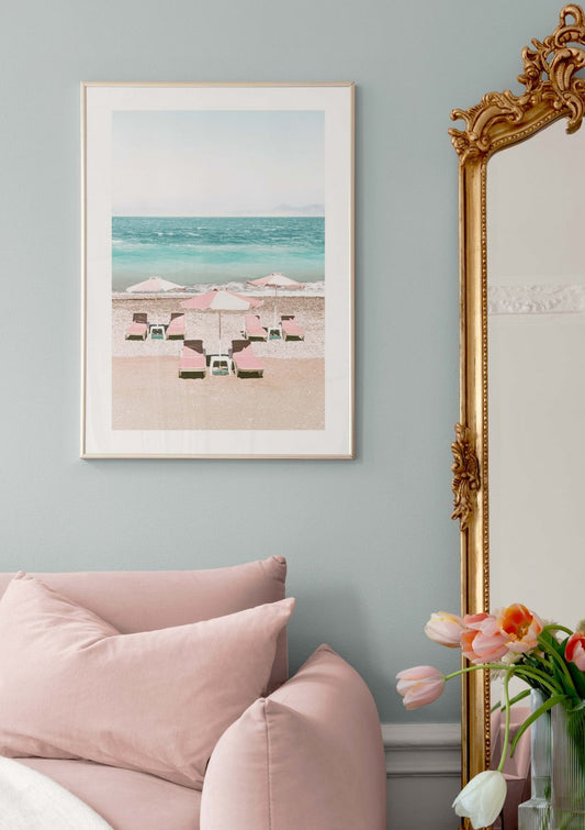 Watercolor pink beach umbrellas poster for nursery and home wall decor.