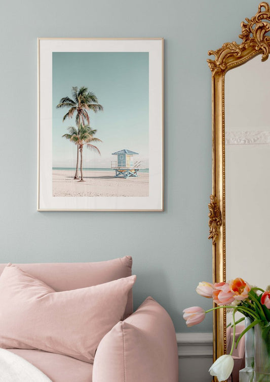 Watercolor palm beach poster for nursery and home wall decor.