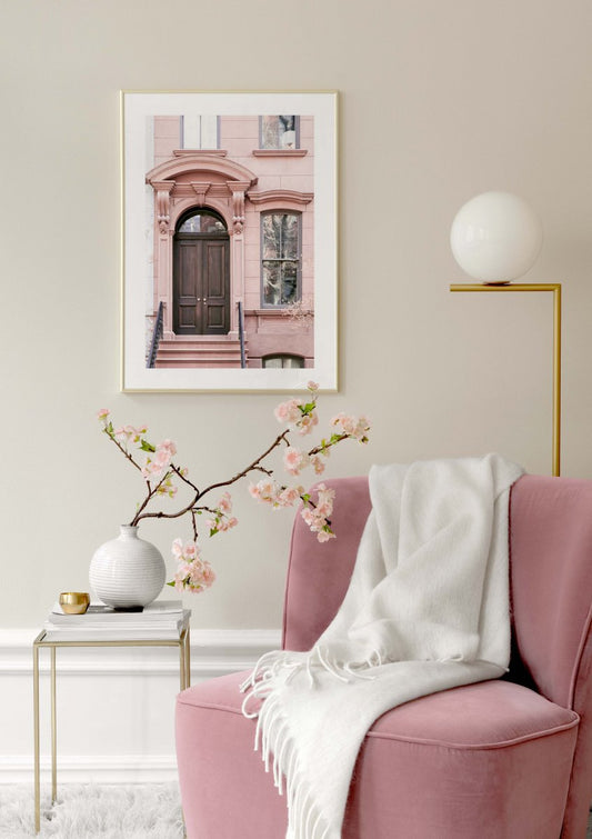 Watercolor pink building poster for nursery and home wall decor.