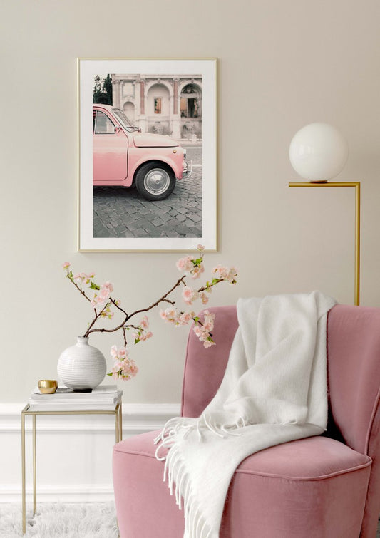 Watercolor pink car poster for nursery and home wall decor.