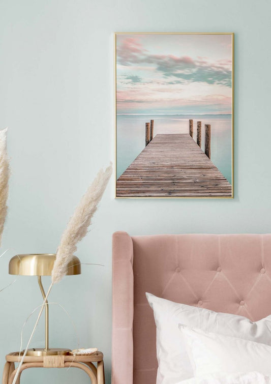 Watercolor sunset jetty poster for nursery and home wall decor.