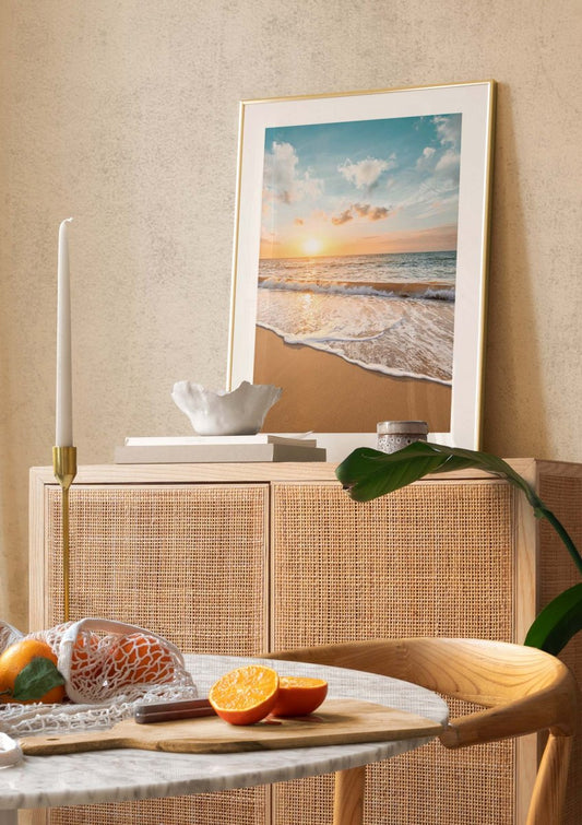 Watercolor warm sunset poster for nursery and home wall decor.