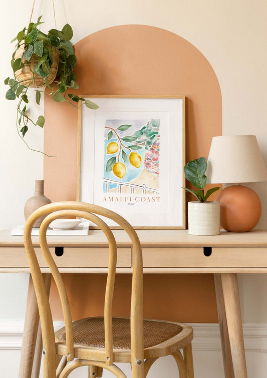 Watercolor amalfi coast lemons poster for nursery and home wall decor.
