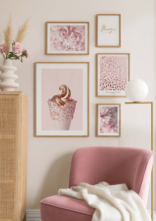 Watercolor pink ice cream poster for nursery and home wall decor.