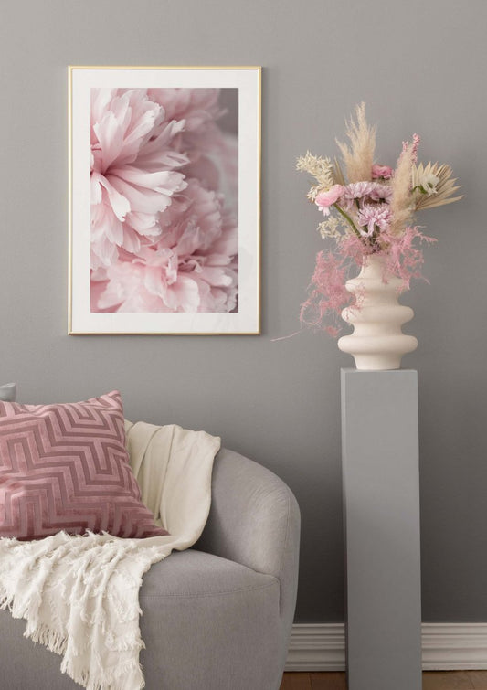 Watercolor pink peonies close up poster for nursery and home wall decor.