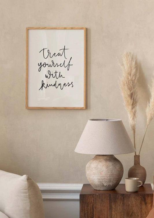 Watercolor treat yourself with kindness poster for nursery and home wall decor.