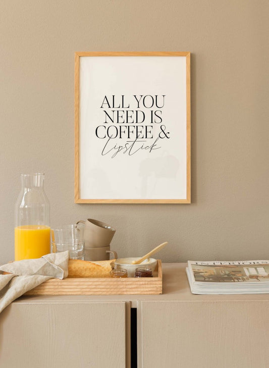 Watercolor coffee and lipstick poster for nursery and home wall decor.