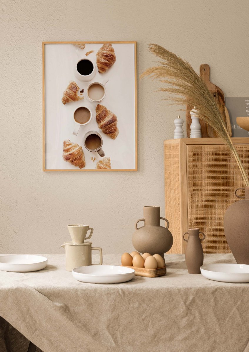 Watercolor coffee and croissants poster for nursery and home wall decor.