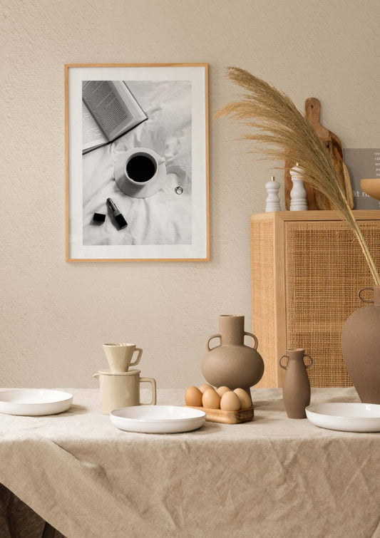 Watercolor coffee in bed poster for nursery and home wall decor.