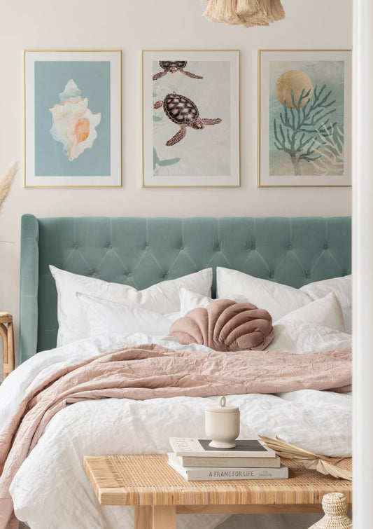 Watercolor swimming turtles poster for nursery and home wall decor.
