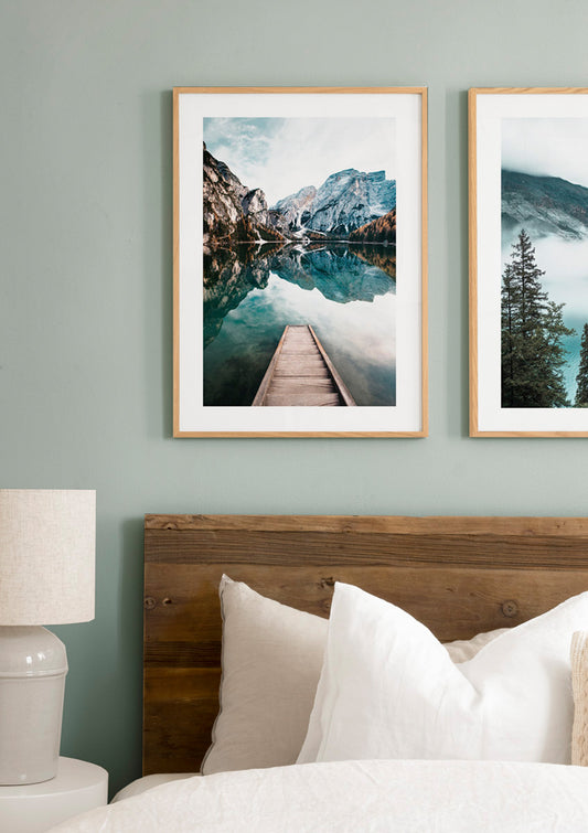 Watercolor peaceful lake braies poster for nursery and home wall decor.