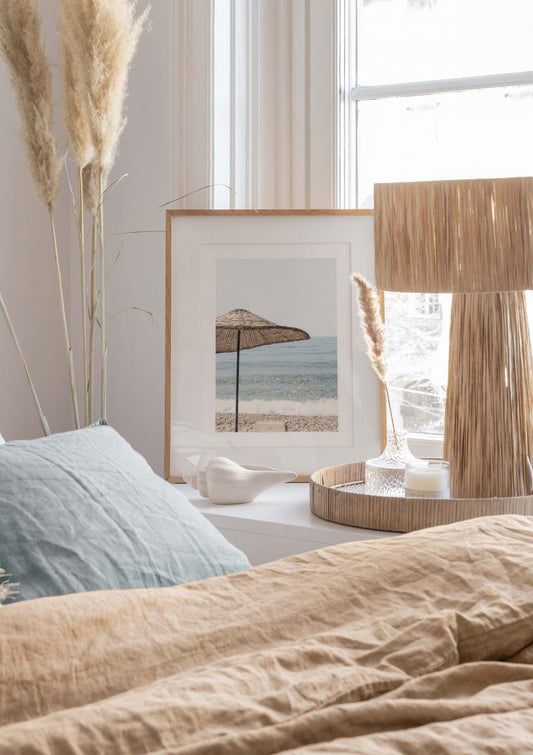 Watercolor beach umbrella poster for nursery and home wall decor.