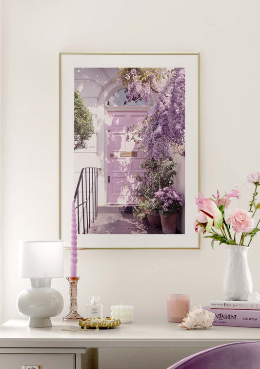 Watercolor wisteria purple door poster for nursery and home wall decor.