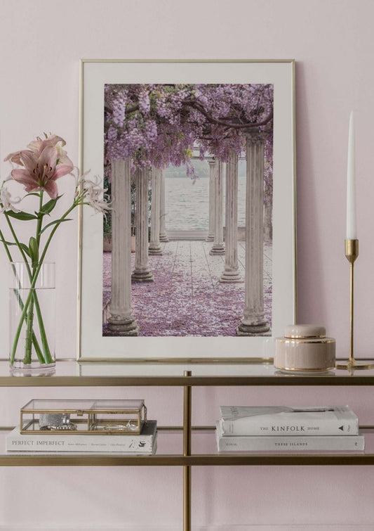 Watercolor wisteria pillars poster for nursery and home wall decor.