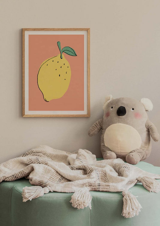 Watercolor lemon illustration poster for nursery and home wall decor.