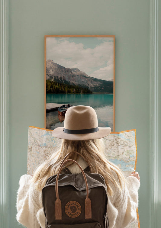 Watercolor boats on lake louise poster for nursery and home wall decor.