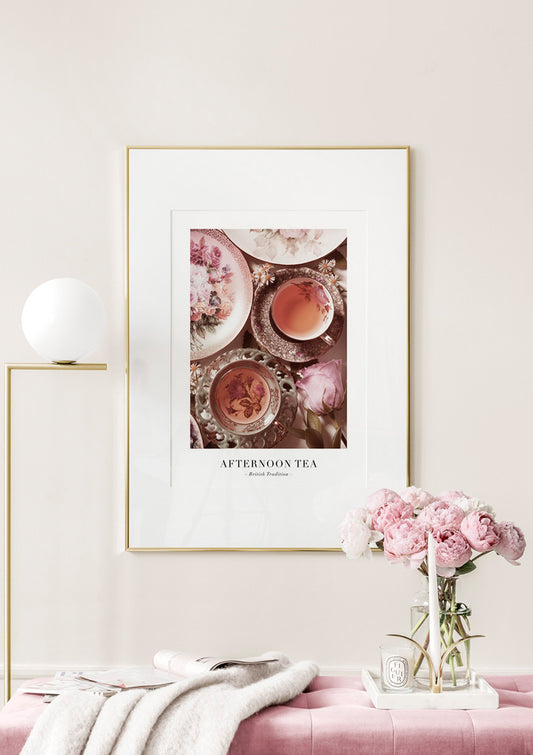 Watercolor afternoon tea poster for nursery and home wall decor.