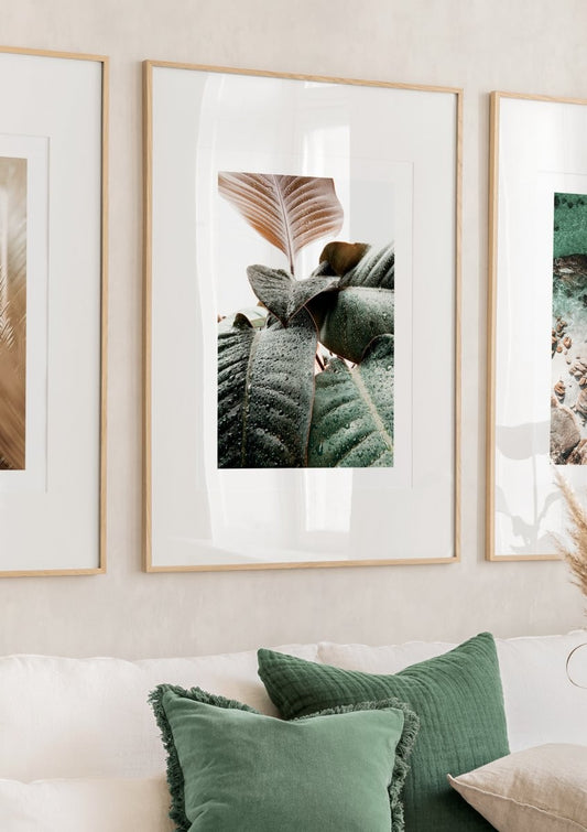 Watercolor droplets on leafs poster for nursery and home wall decor.