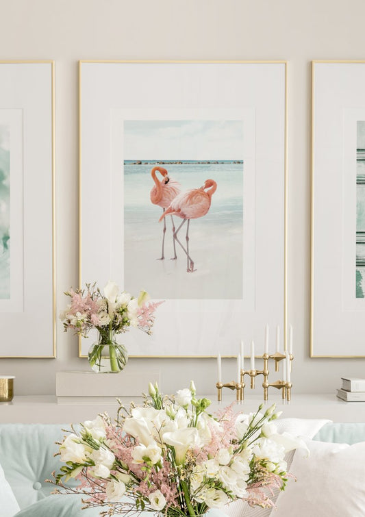 Watercolor flamingo love poster for nursery and home wall decor.