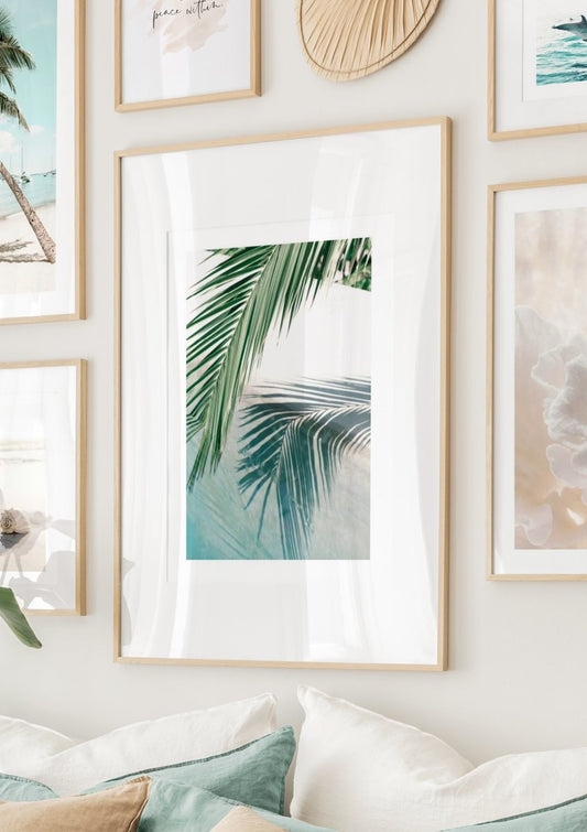 Watercolor poolside palm leaf poster for nursery and home wall decor.
